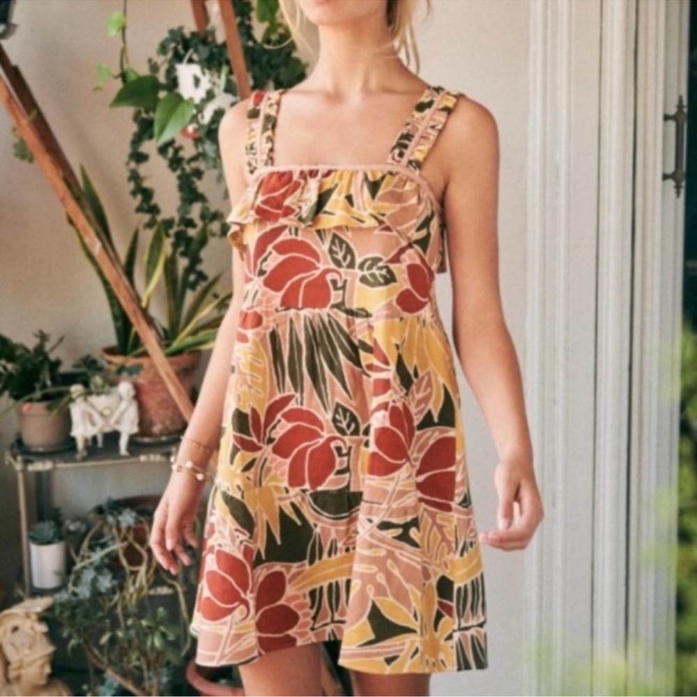 Sezane Fily Vicky Leaves Print linen blend Cotton ruffles mini Dress size 36 /4